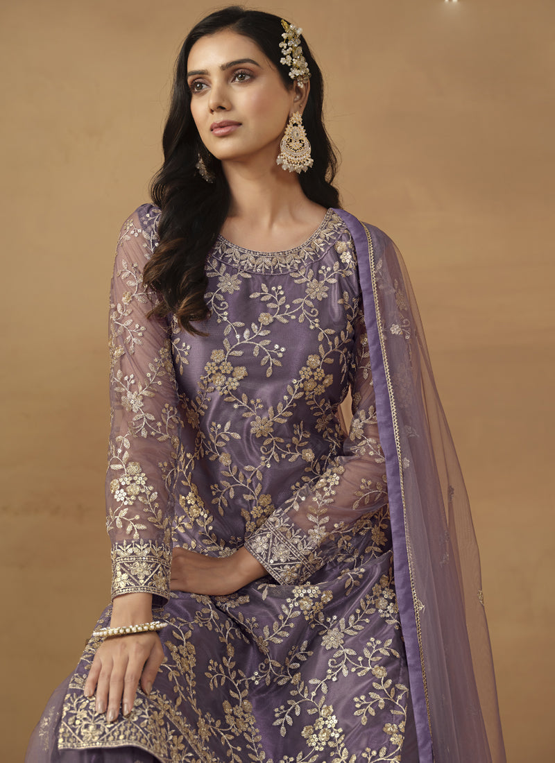 Vegaa Fashion Purple Net Embroidered Sharara Suit - Distacart