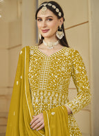Vegaa Fashion Designer Yellow Faux Georgette Embroidery Anarkali Suit