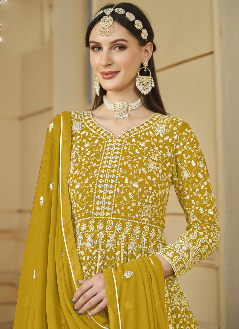 Vegaa Fashion Designer Yellow Faux Georgette Embroidery Anarkali Suit