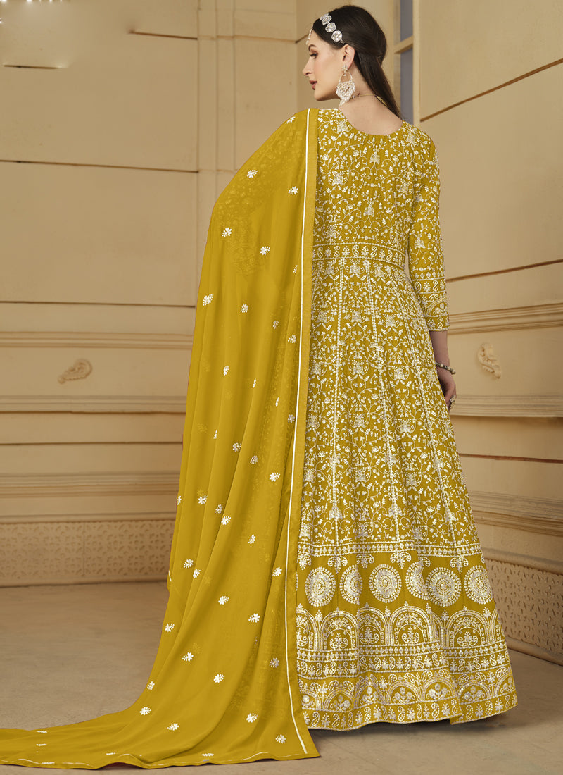 Vegaa Fashion Designer Yellow Faux Georgette Embroidery Anarkali Suit