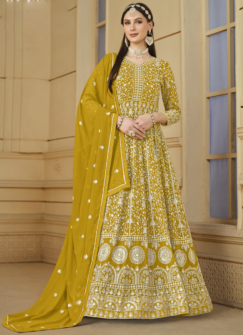 Vegaa Fashion Designer Yellow Faux Georgette Embroidery Anarkali Suit