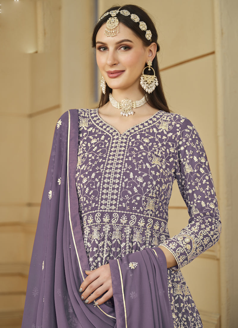 Vegaa Fashion Designer Lavender Faux Georgette Embroidery Anarkali Suit