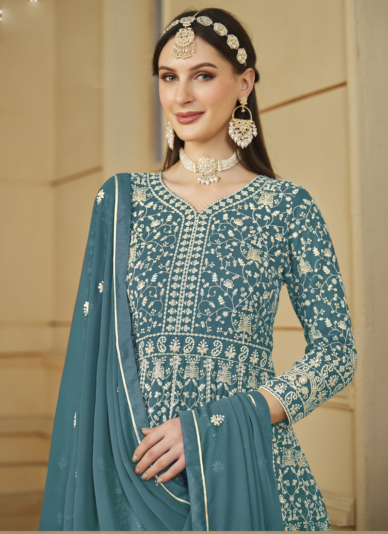 Vegaa Fashion Designer Grey Faux Georgette Embroidery Anarkali Suit - Distacart