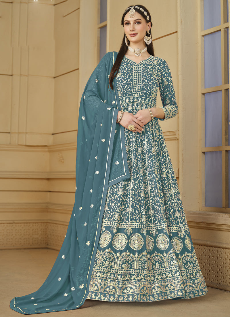Vegaa Fashion Designer Grey Faux Georgette Embroidery Anarkali Suit - Distacart