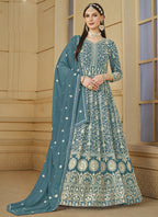 Vegaa Fashion Designer Grey Faux Georgette Embroidery Anarkali Suit - Distacart