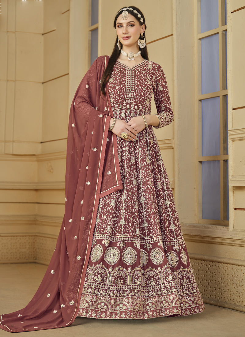 Vegaa Fashion Designer Dark Peach Faux Georgette Embroidery Anarkali Suit - Distacart
