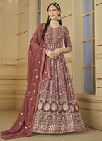 Vegaa Fashion Designer Dark Peach Faux Georgette Embroidery Anarkali Suit - Distacart