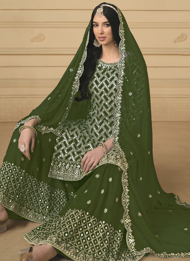 Vegaa Fashion Designer Mehendi Faux Georgette Embroidery Sharara Suit - Distacart