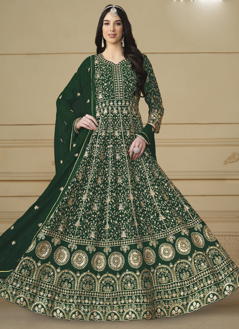 Vegaa Fashion Designer Green Faux Georgette Embroidery Anarkali Suit