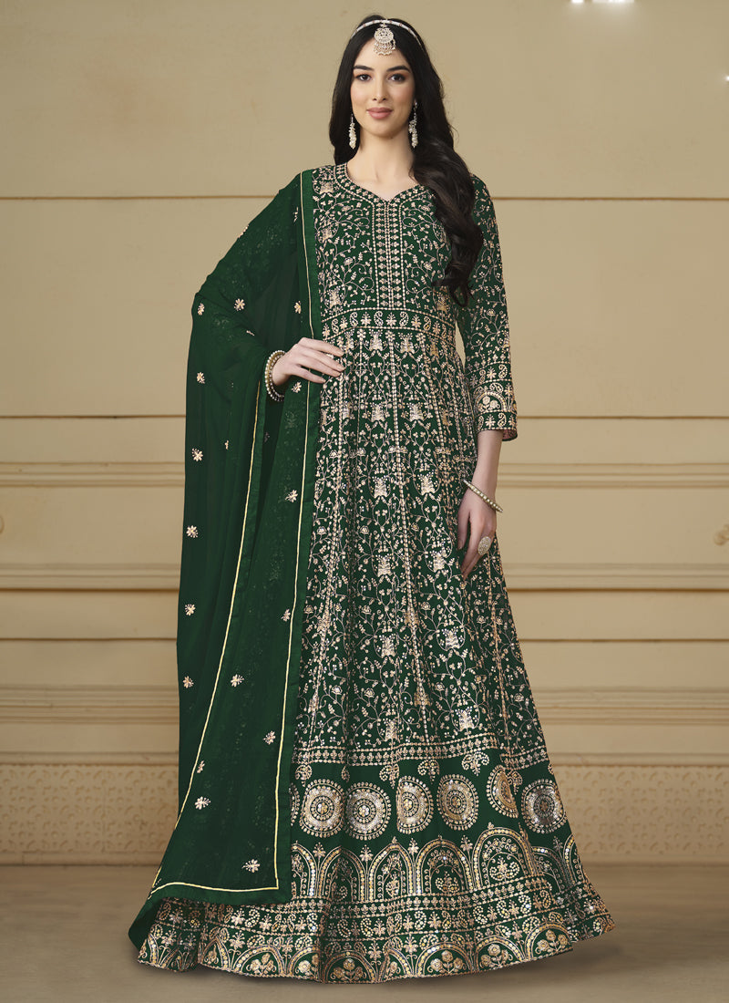 Vegaa Fashion Designer Green Faux Georgette Embroidery Anarkali Suit