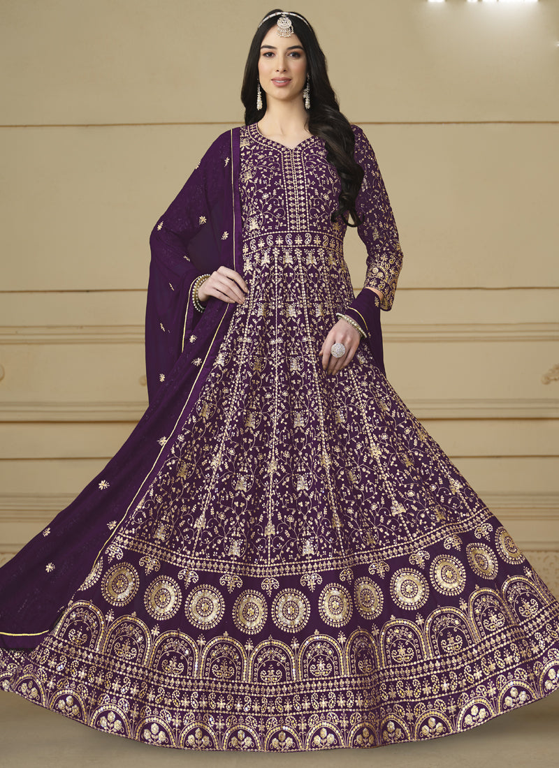 Vegaa Fashion Designer Violet Faux Georgette Embroidery Anarkali Suit