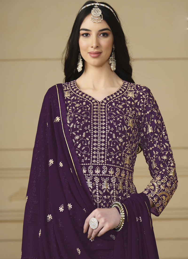 Vegaa Fashion Designer Violet Faux Georgette Embroidery Anarkali Suit
