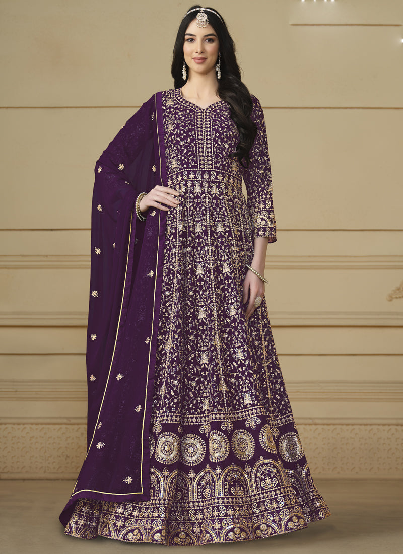 Vegaa Fashion Designer Violet Faux Georgette Embroidery Anarkali Suit