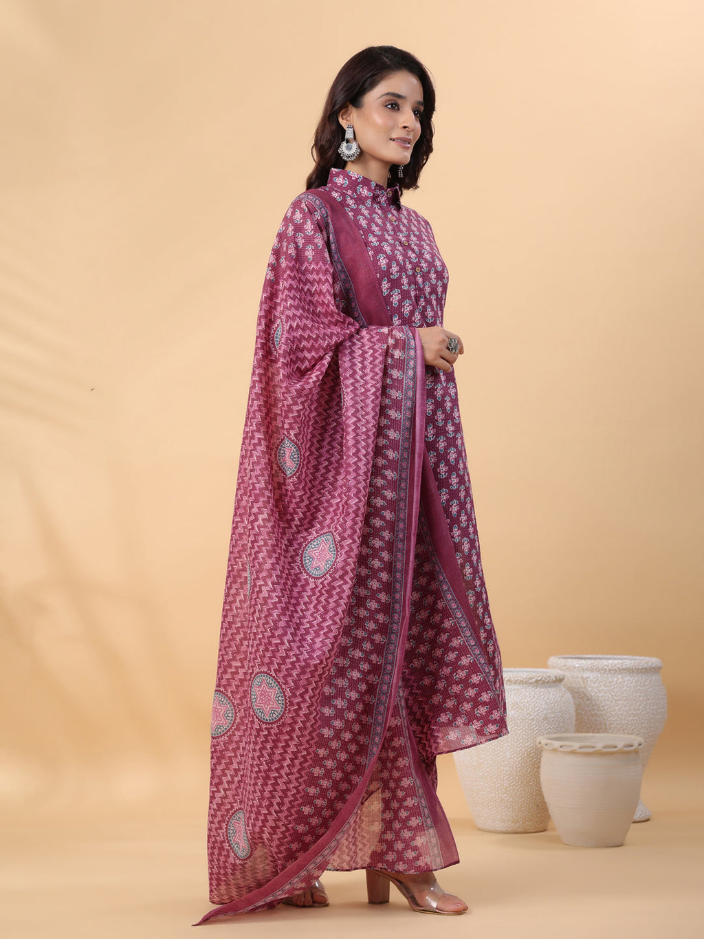 Janasya Regular Poly Cotton Purple Printed Shirt Collar Kurta,Bottom & Dupatta - Distacart