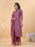 Janasya Regular Poly Cotton Purple Printed Shirt Collar Kurta,Bottom & Dupatta - Distacart