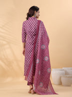 Janasya Regular Poly Cotton Purple Printed Shirt Collar Kurta,Bottom & Dupatta - Distacart