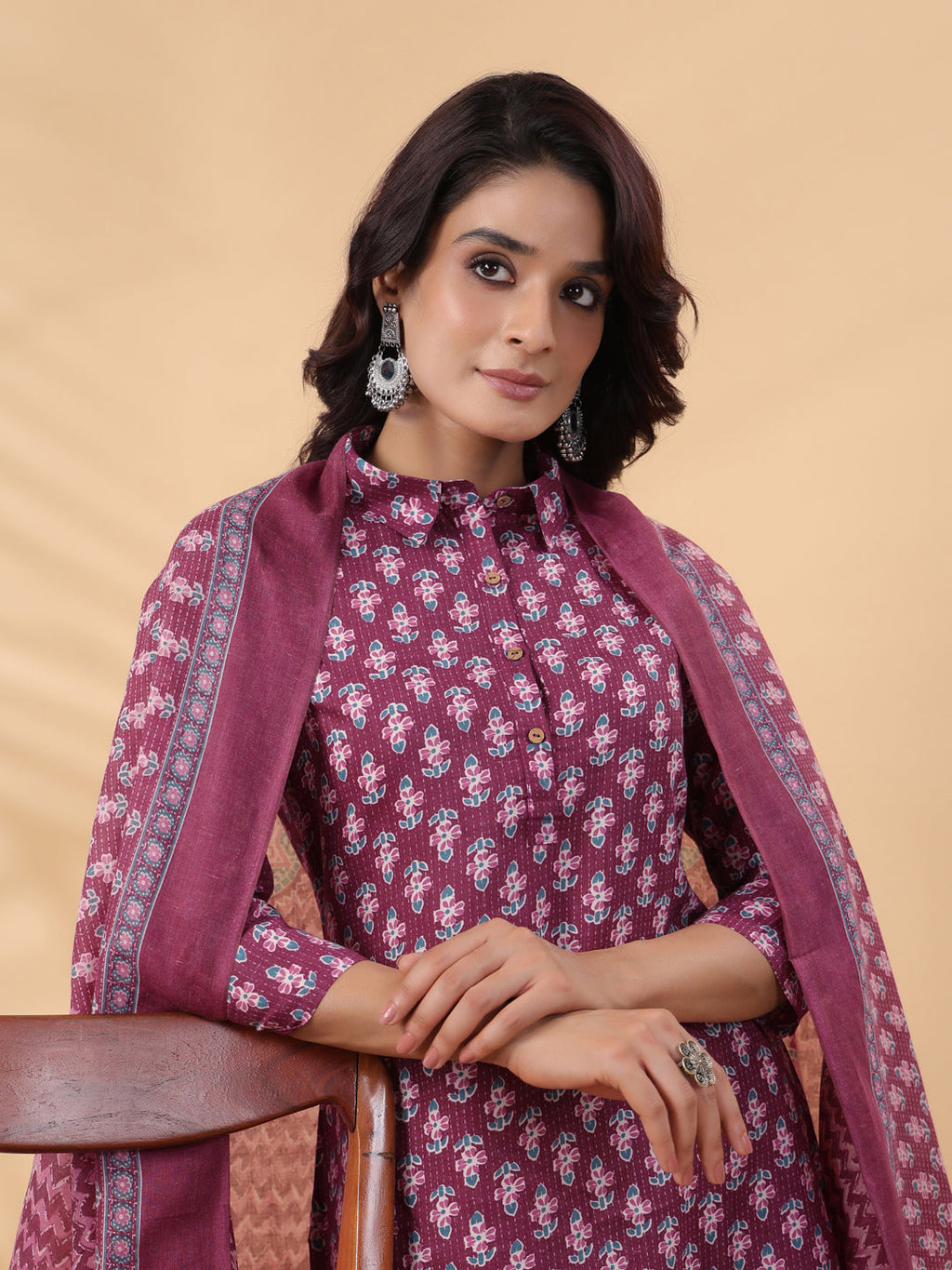 Janasya Regular Poly Cotton Purple Printed Shirt Collar Kurta,Bottom & Dupatta - Distacart