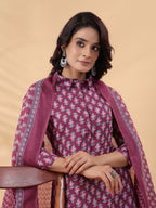 Janasya Regular Poly Cotton Purple Printed Shirt Collar Kurta,Bottom & Dupatta - Distacart