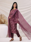 Janasya Regular Biscuit Slub Violet Abstract Tie-Up Neck Kurta,Bottom & Dupatta