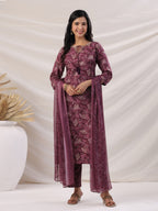 Janasya Regular Biscuit Slub Violet Abstract Tie-Up Neck Kurta,Bottom & Dupatta