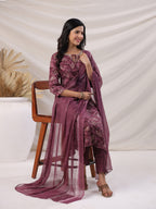 Janasya Regular Biscuit Slub Violet Abstract Tie-Up Neck Kurta,Bottom & Dupatta