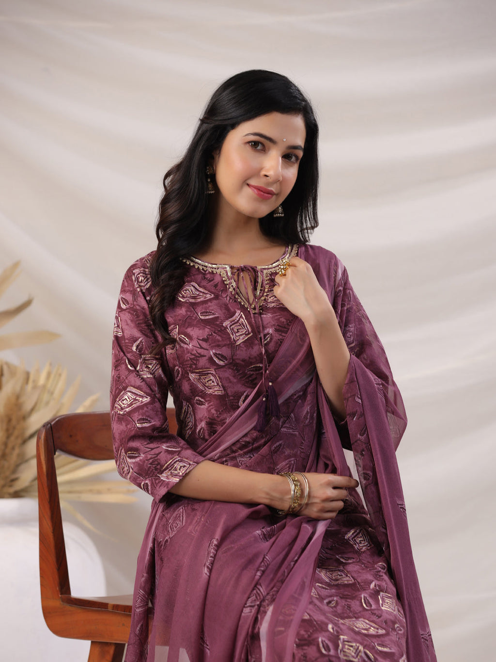 Janasya Regular Biscuit Slub Violet Abstract Tie-Up Neck Kurta,Bottom & Dupatta