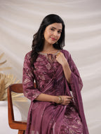 Janasya Regular Biscuit Slub Violet Abstract Tie-Up Neck Kurta,Bottom & Dupatta