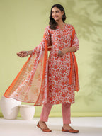 Janasya Regular Poly Cotton Off White Ethnic Motifs Round Neck Kurta Set