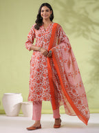Janasya Regular Poly Cotton Off White Ethnic Motifs Round Neck Kurta Set