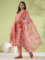 Janasya Regular Poly Cotton Off White Ethnic Motifs Round Neck Kurta Set