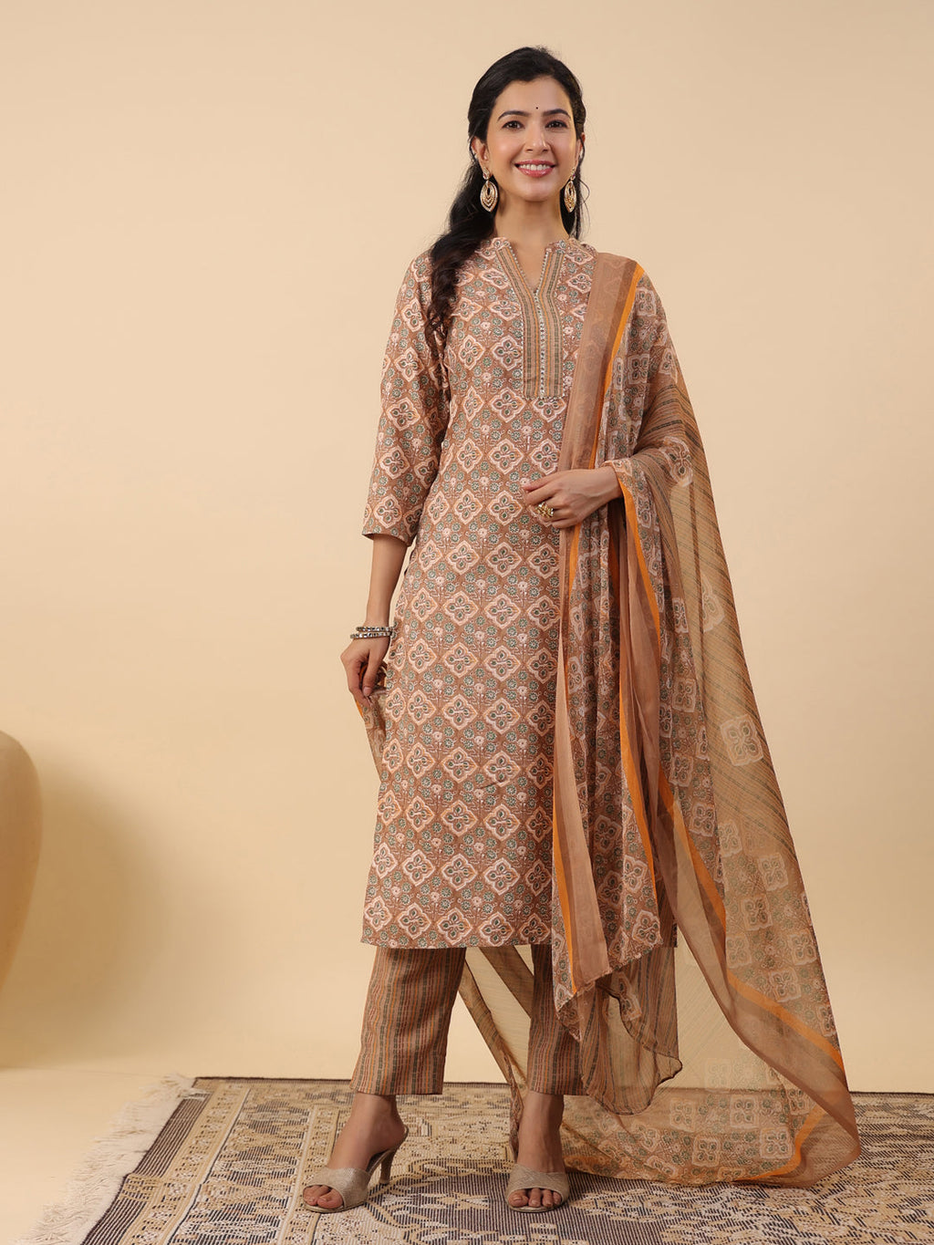 Janasya Straight Biscuit Slub Brown Ethnic Motifs Band Collar Kurta,Bottom & Dupatta