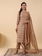 Janasya Straight Biscuit Slub Brown Ethnic Motifs Band Collar Kurta,Bottom & Dupatta