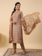 Janasya Straight Biscuit Slub Brown Ethnic Motifs Band Collar Kurta,Bottom & Dupatta