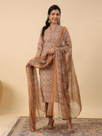 Janasya Straight Biscuit Slub Brown Ethnic Motifs Band Collar Kurta,Bottom & Dupatta