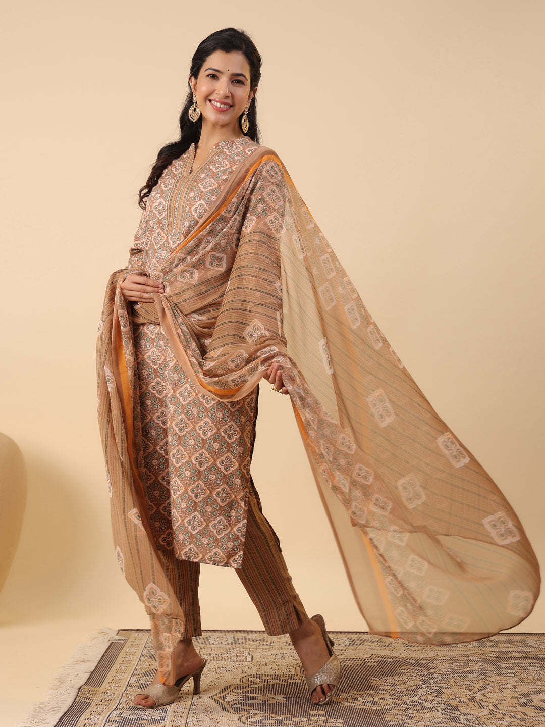 Janasya Straight Biscuit Slub Brown Ethnic Motifs Band Collar Kurta,Bottom & Dupatta