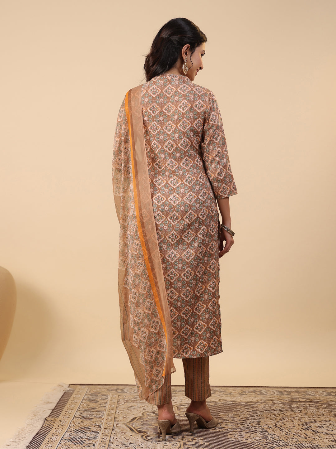 Janasya Straight Biscuit Slub Brown Ethnic Motifs Band Collar Kurta,Bottom & Dupatta