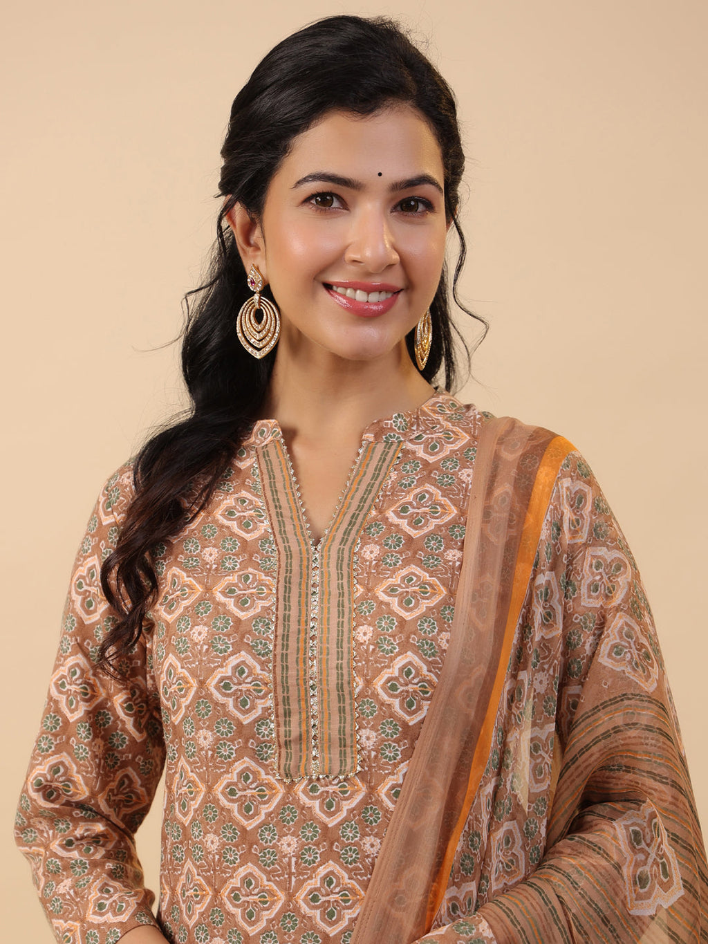 Janasya Straight Biscuit Slub Brown Ethnic Motifs Band Collar Kurta,Bottom & Dupatta