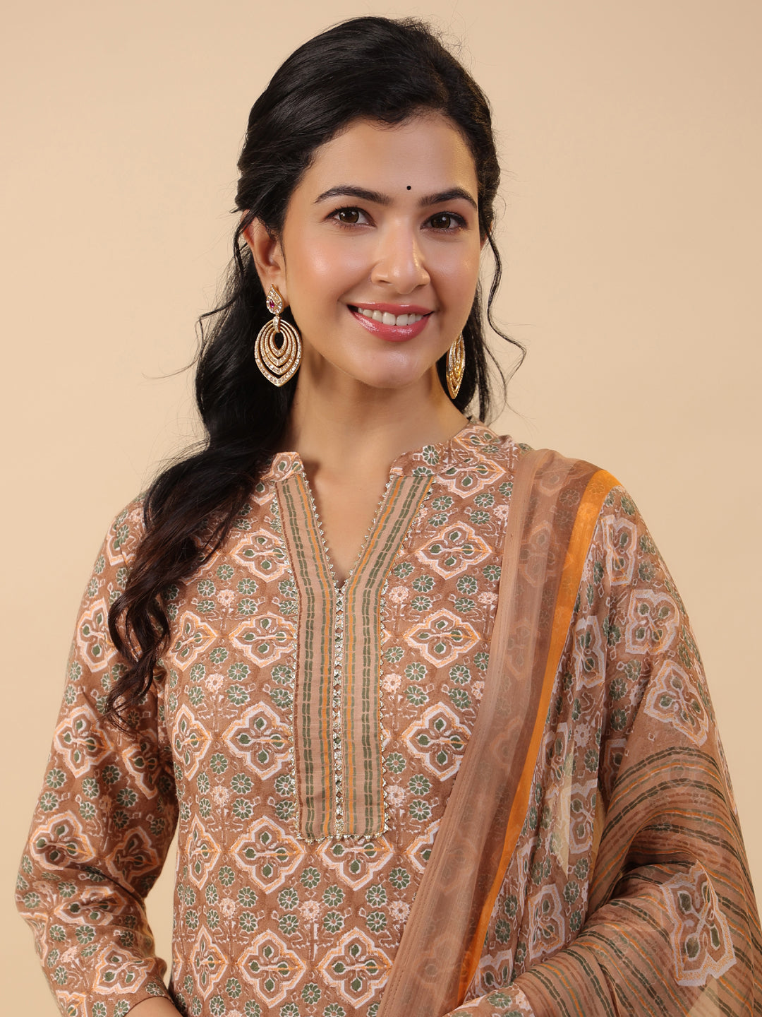 Janasya Straight Biscuit Slub Brown Ethnic Motifs Band Collar Kurta,Bottom & Dupatta