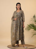 Janasya Gathered Poly Cotton Olive Floral Alia Cut Neck Kurta,Bottom & Dupatta