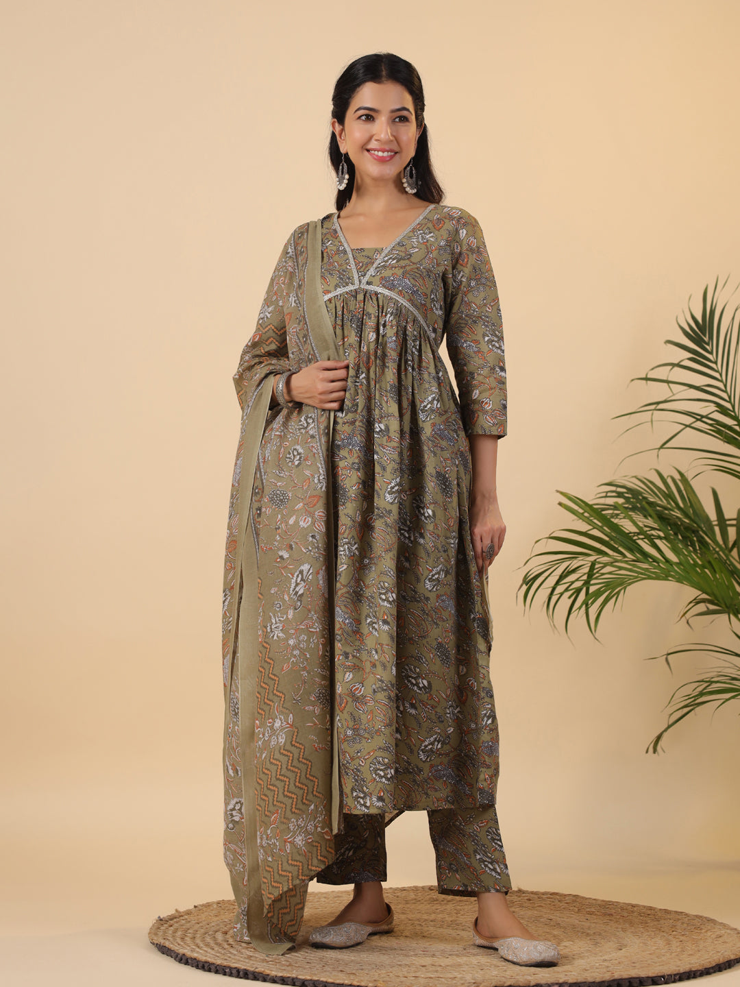 Janasya Gathered Poly Cotton Olive Floral Alia Cut Neck Kurta,Bottom & Dupatta