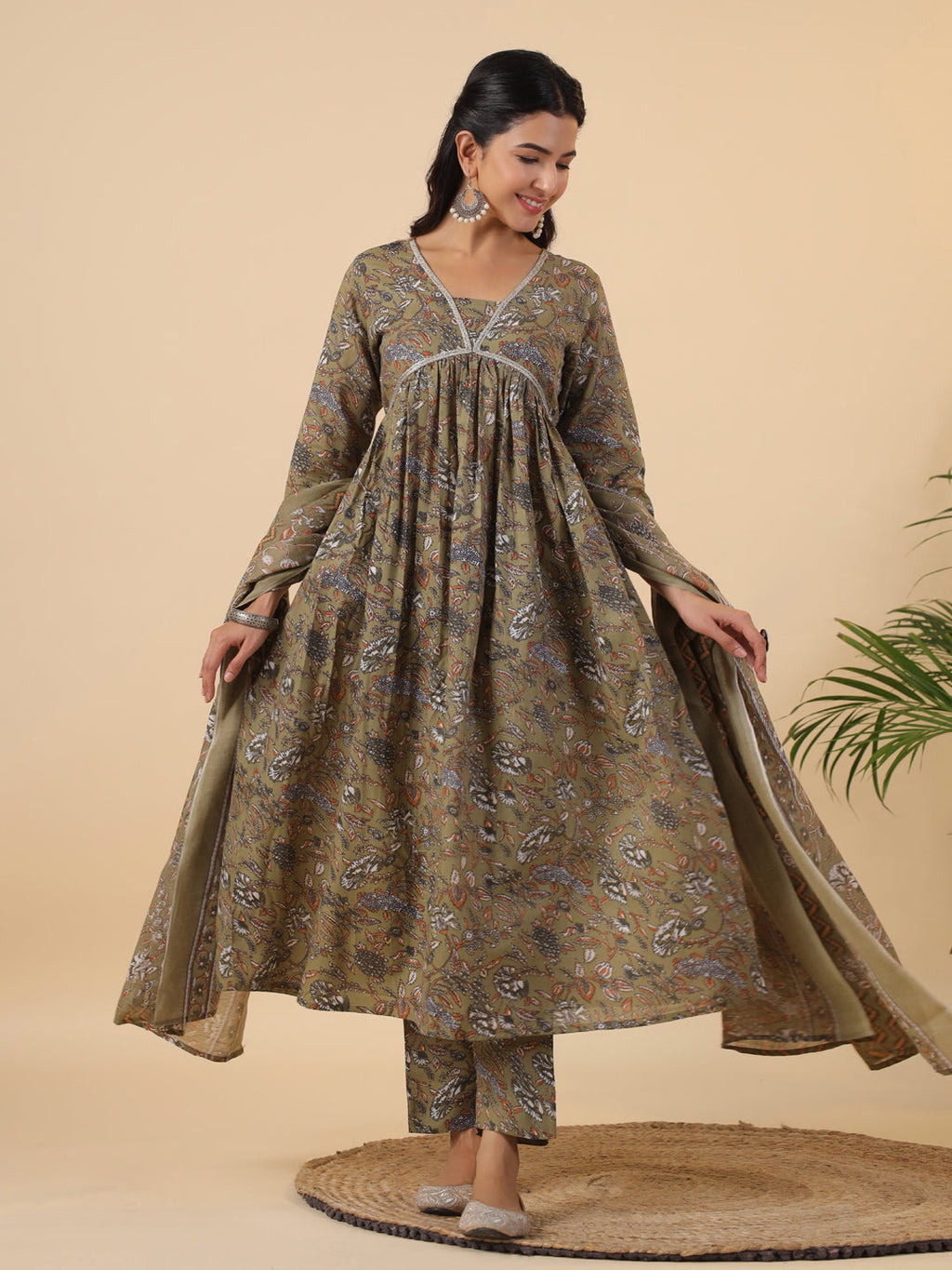 Janasya Gathered Poly Cotton Olive Floral Alia Cut Neck Kurta,Bottom & Dupatta