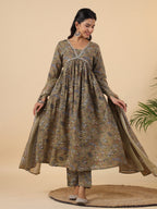 Janasya Gathered Poly Cotton Olive Floral Alia Cut Neck Kurta,Bottom & Dupatta