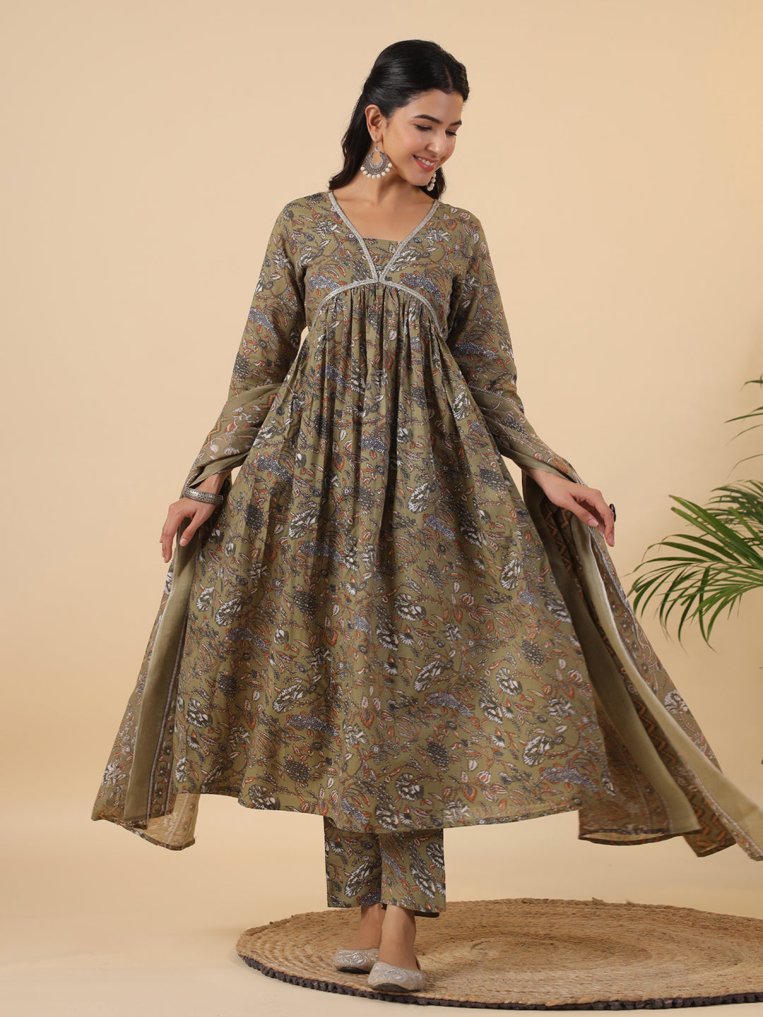 Janasya Gathered Poly Cotton Olive Floral Alia Cut Neck Kurta,Bottom & Dupatta