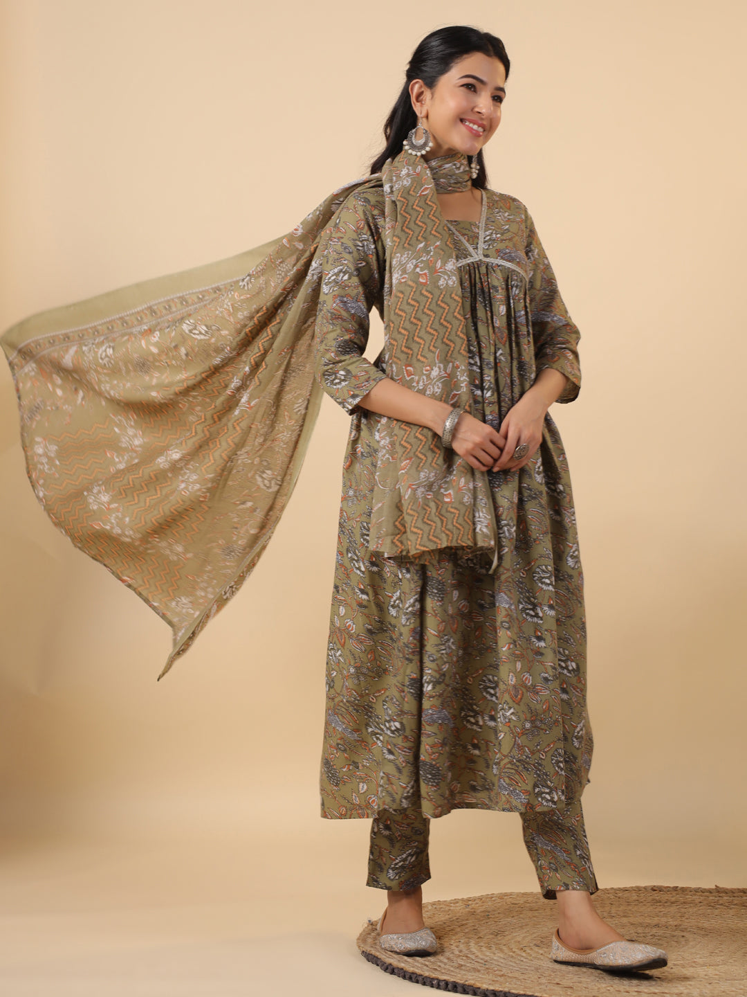 Janasya Gathered Poly Cotton Olive Floral Alia Cut Neck Kurta,Bottom & Dupatta