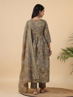 Janasya Gathered Poly Cotton Olive Floral Alia Cut Neck Kurta,Bottom & Dupatta