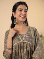 Janasya Gathered Poly Cotton Olive Floral Alia Cut Neck Kurta,Bottom & Dupatta