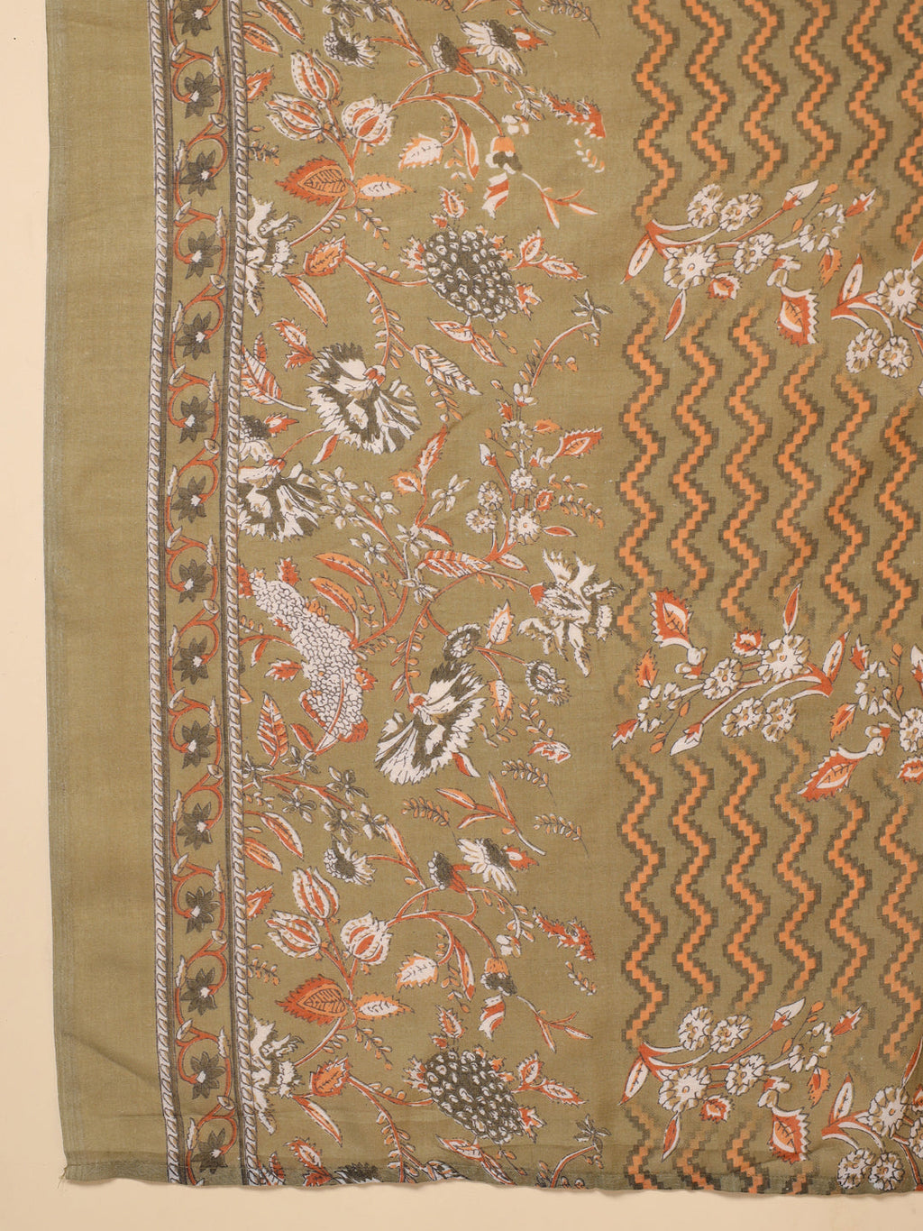 Janasya Gathered Poly Cotton Olive Floral Alia Cut Neck Kurta,Bottom & Dupatta