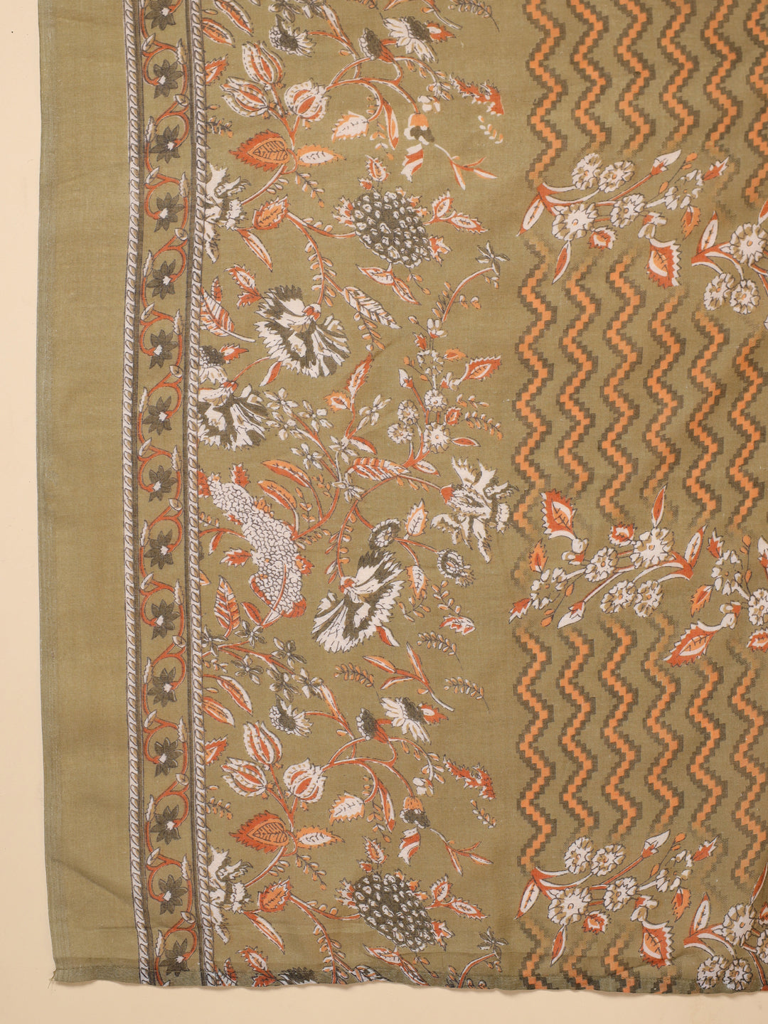 Janasya Gathered Poly Cotton Olive Floral Alia Cut Neck Kurta,Bottom & Dupatta