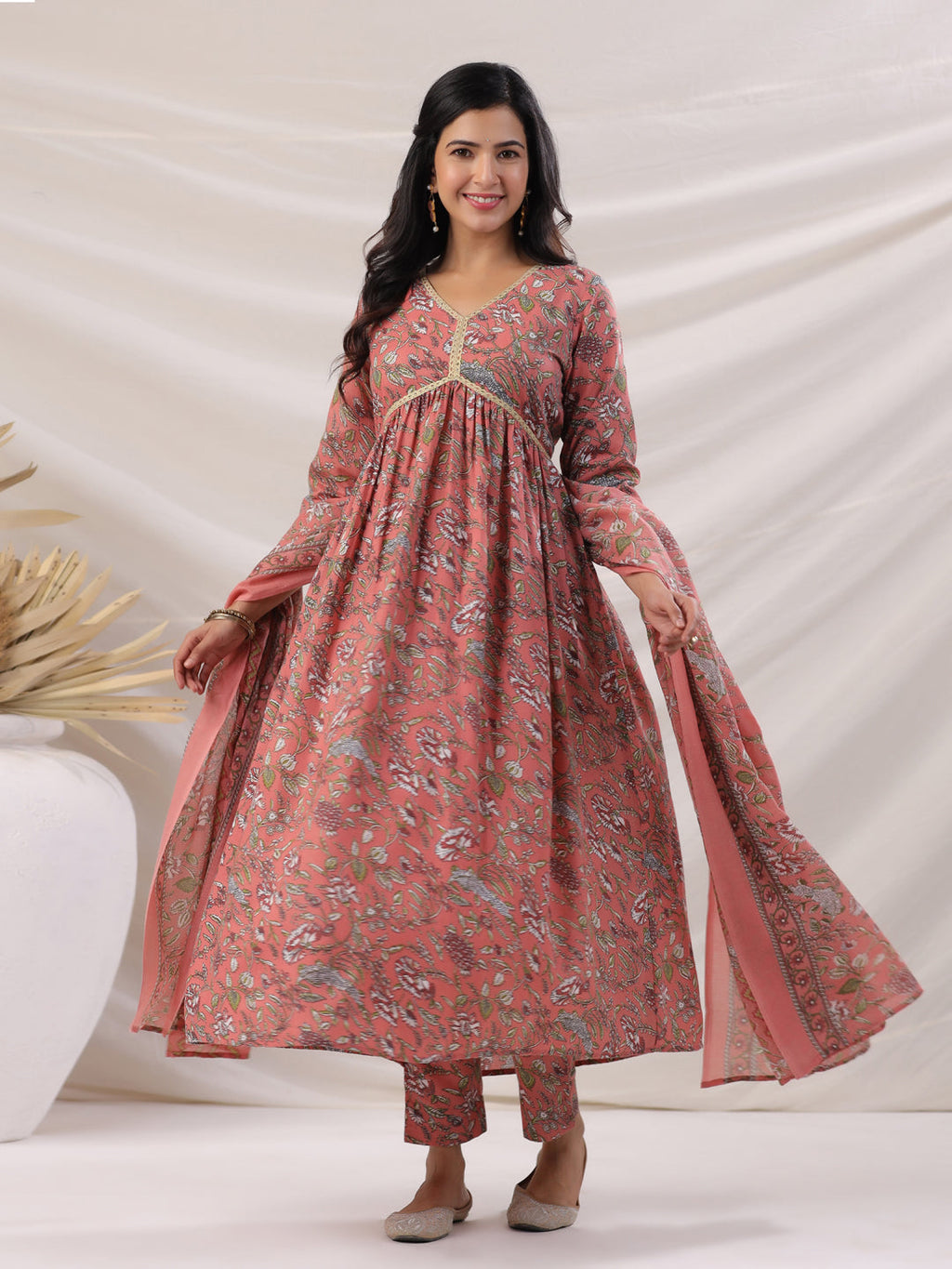 Janasya Pleated Poly Cotton Peach Floral V-Neck Kurta,Bottom & Dupatta