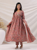 Janasya Pleated Poly Cotton Peach Floral V-Neck Kurta,Bottom & Dupatta